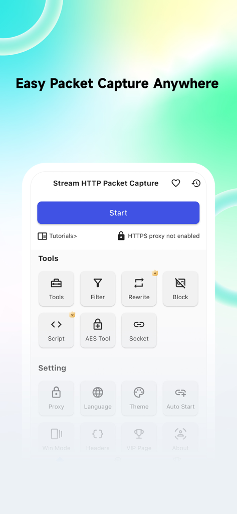 Main interface of Stream HTTP Sniffer app showing network debugging tools and packet capture options