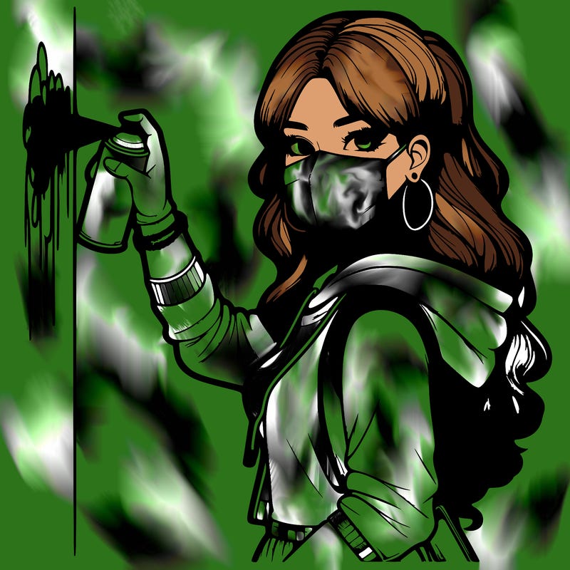 realistic girl with mask spray painting a wall