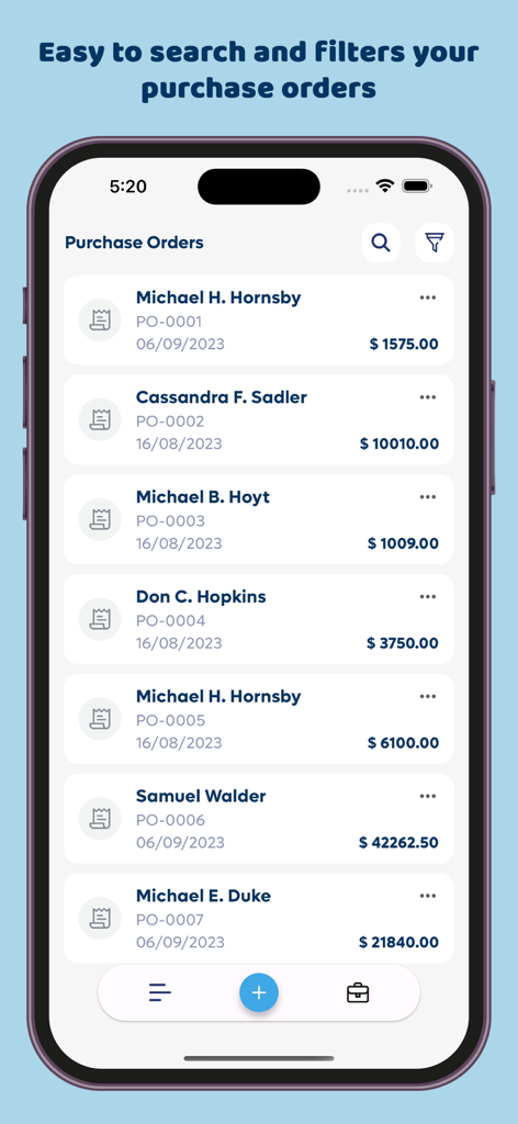 Interface do aplicativo móvel mostrando uma lista de pedidos de compra com opções de pesquisa e filtragem.