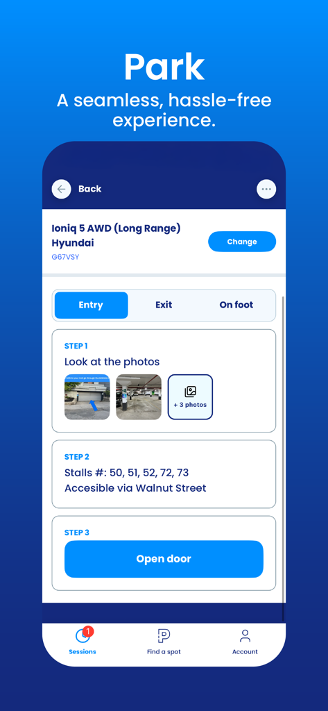 Interface de l'application mobile clicknpark montrant les étapes d'entrée dans le stationnement, les numéros de place et un bouton d'ouverture de porte.