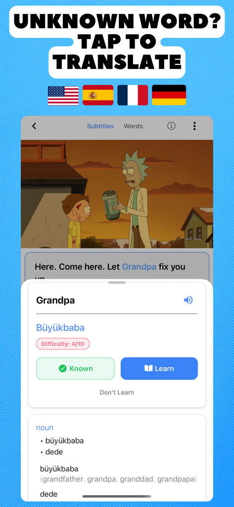 Lingosive - Learn With Videos - Interfaz de la aplicación Lingosive mostrando un video de dibujos animados con subtítulos y una ventana emergente de traducción instantánea para una palabra desconocida
