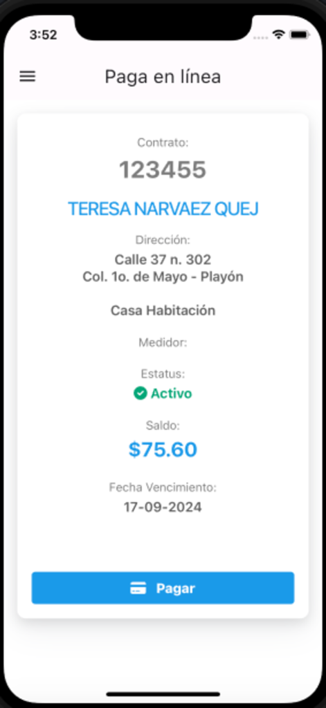 SMAPAC CARMEN app interface showing a water bill balance and payment button.