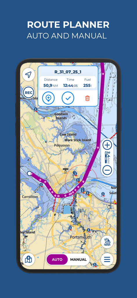 Aqua Map Boating app interface showing the nautical route planner with estimated distance, time, and fuel consumption on a maritime chart.