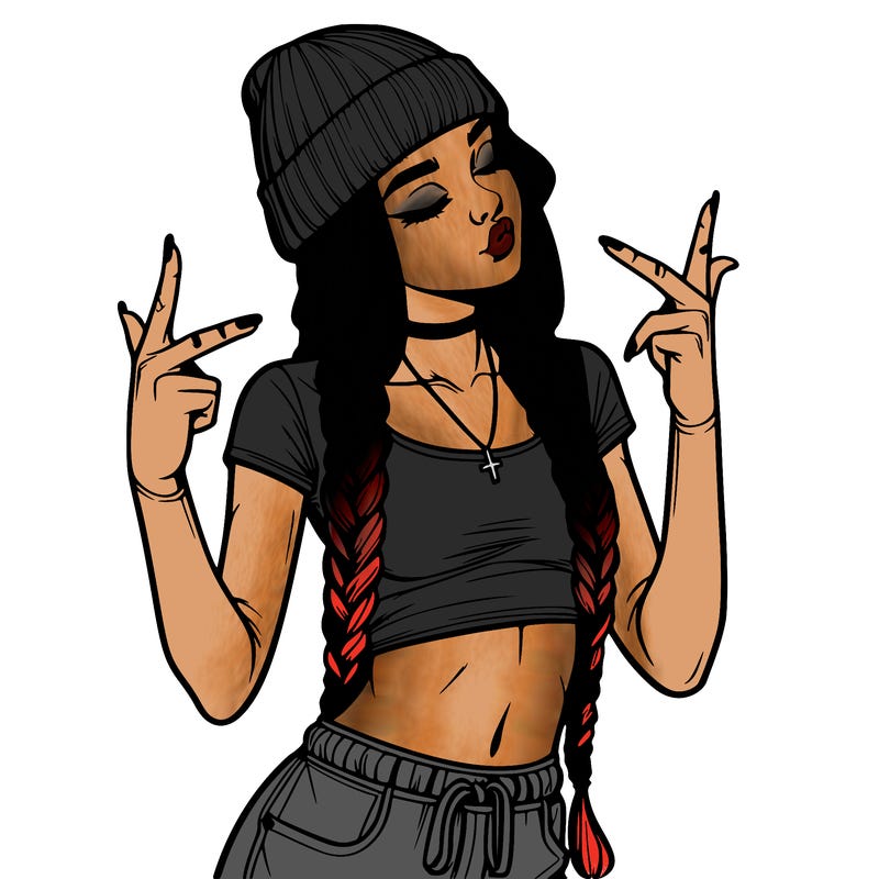 realistic teenage girl with braids and a beanie and crop top doing 🫶🏼