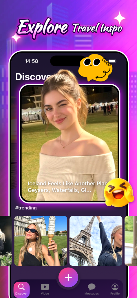 Trilux - Video&Social - Pantalla de smartphone mostrando el feed de descubrimiento de la aplicación Trilux con vídeos de inspiración de viajes y contenido de tendencia.