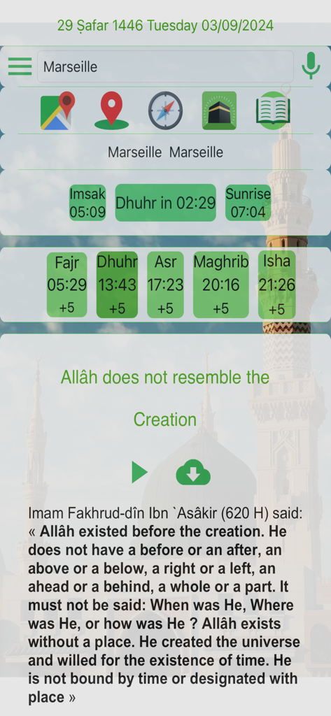 Islam.ms Prayer Times & Qibla - Islam.ms app interface showing daily prayer times for Marseille and religious quotes