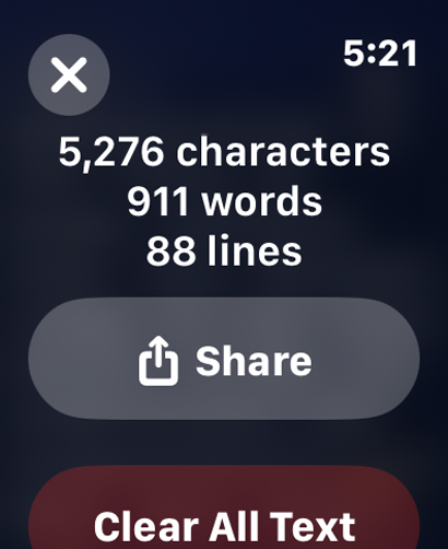 Tot Mini app interface on Apple Watch showing text statistics including character, word, and line counts with share and clear buttons.