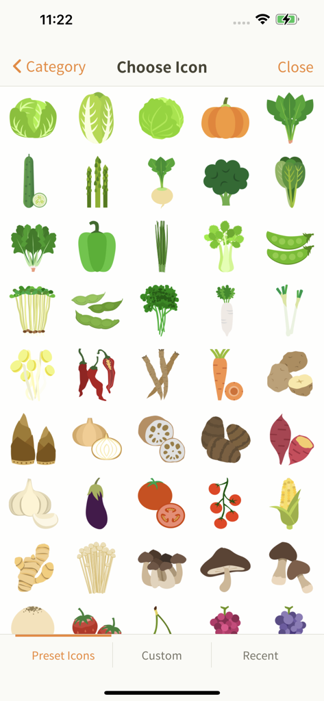 My Inventory – Home Tracker - A selection grid of colorful vegetable icons within the My Inventory app interface