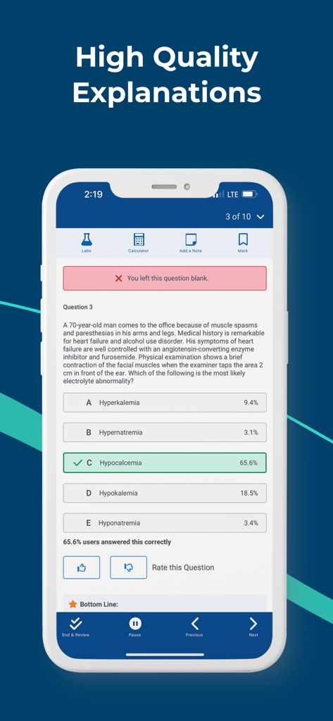 Medical practice question on the TrueLearn SmartBanks app showing peer performance benchmarking and correct answer explanation.