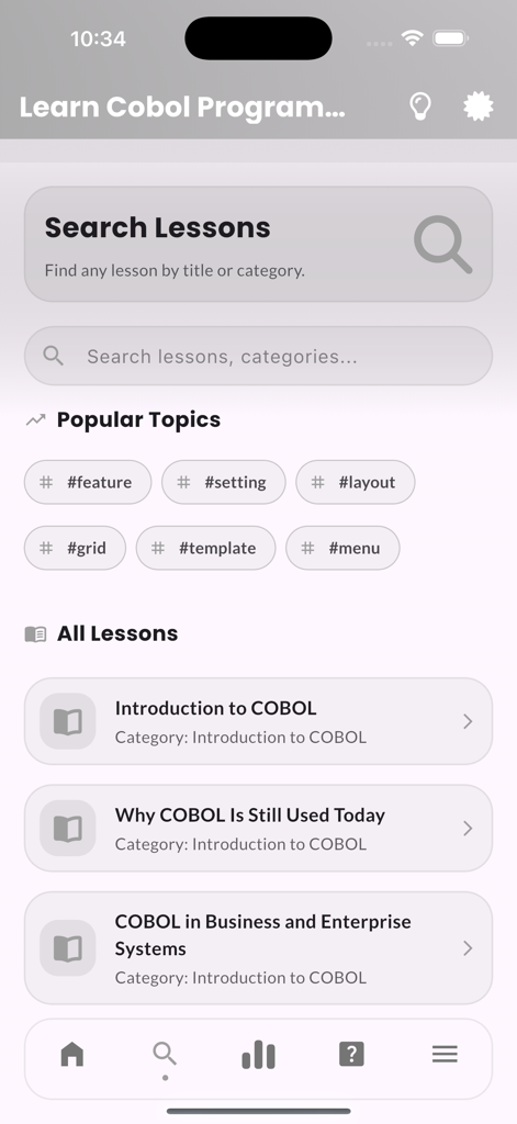 Learn Cobol Programming Pro - The search and lessons screen of the Learn Cobol Programming Pro app listing introductory modules.