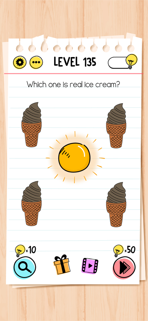 Puzzle logico di Brain Test Livello 135 che chiede quale gelato è vero con quattro coni e un sole.