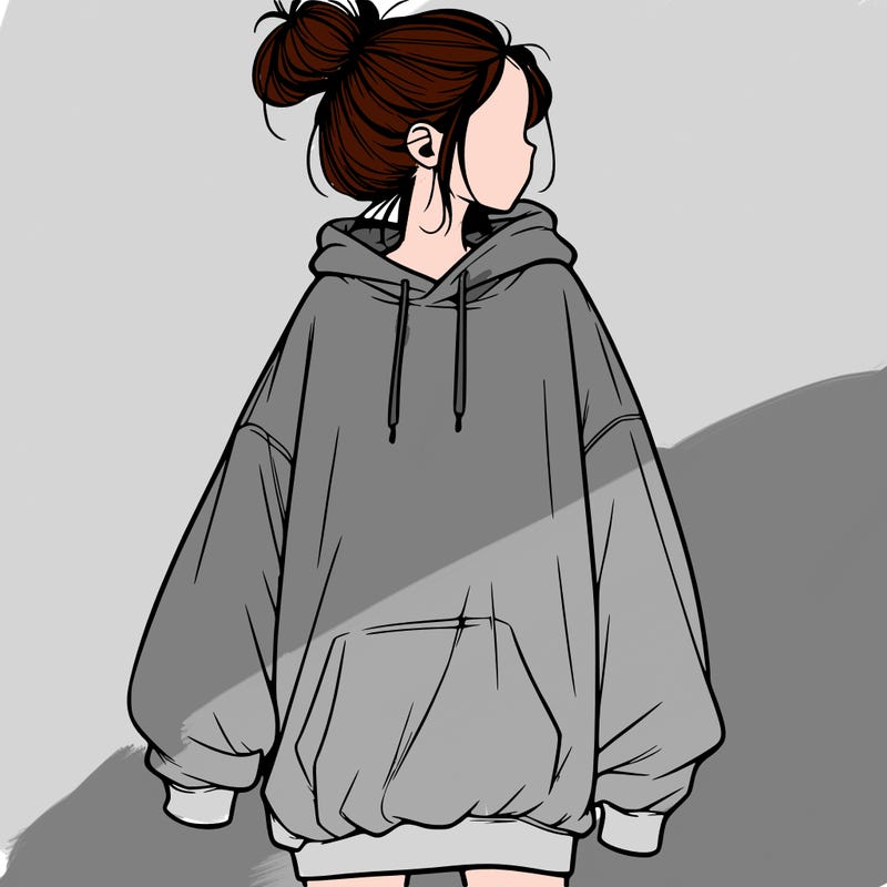 realistic girl with a oversized sweatshirt on and a bun