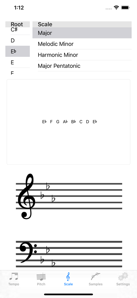Quaver - Quaver app interface displaying the Eb Major scale notes and musical notation