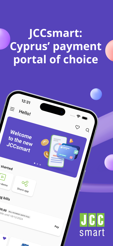 JCCsmart - JCCsmart mobile app interface showing a welcome screen for the Cypriot payment portal.