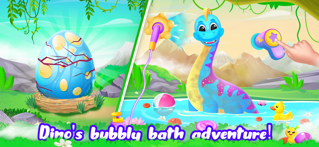 Dino World for Kids age 5 4 3 - 巣の中の孵化する恐竜の卵の隣の池で泡風呂に入っている青い恐竜