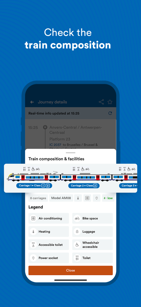 Schermata dell'app SNCB che mostra la composizione del treno, le strutture e i livelli di occupazione