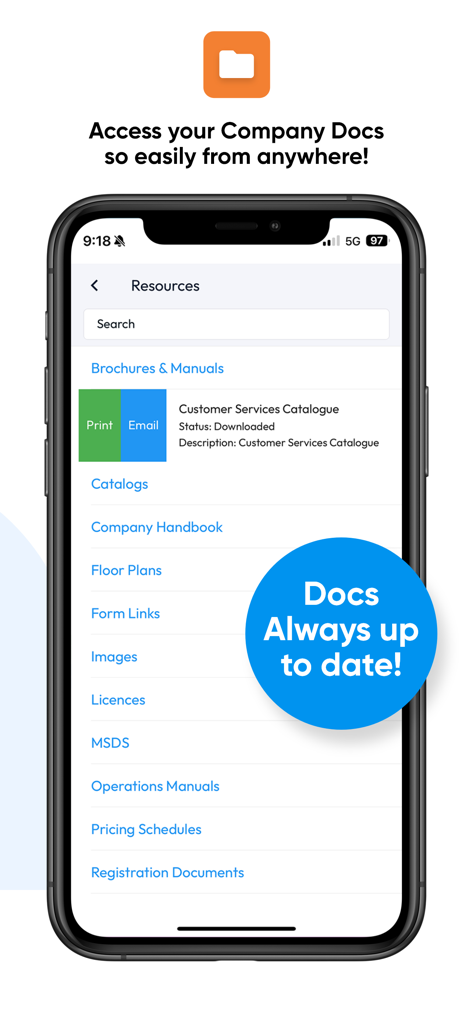 Formitize - A interface do aplicativo Formitize mostrando uma lista pesquisável de recursos da empresa, incluindo manuais, catálogos e plantas baixas.