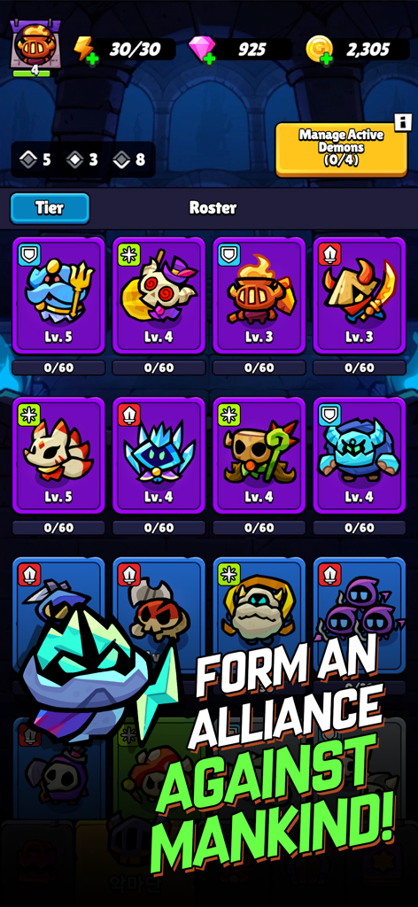 Character roster screen in Hellsquad Rrrush showing various cute demon units with their levels and roles