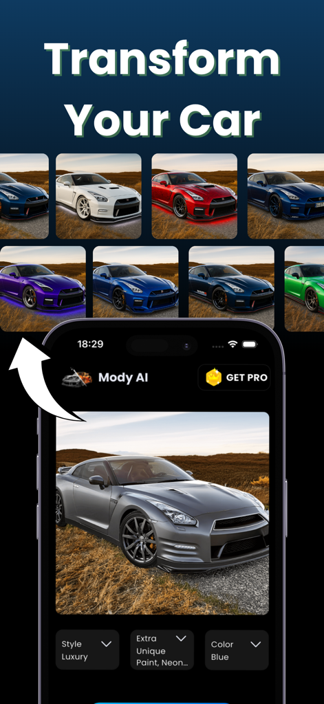 Interface da aplicação de personalização de carros AI Mody, mostrando múltiplos designs de carros desportivos personalizados em cores diferentes