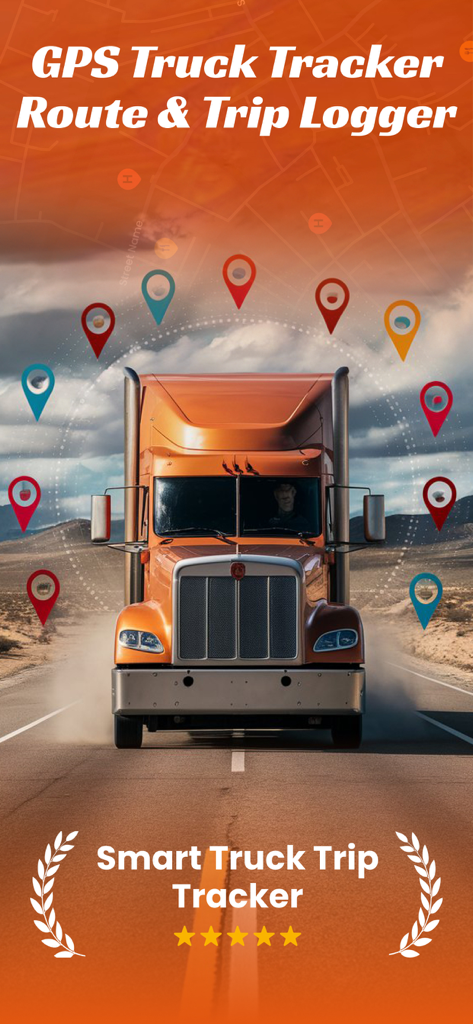 Orange semi truck driving on a road with digital GPS pins and trip tracker text