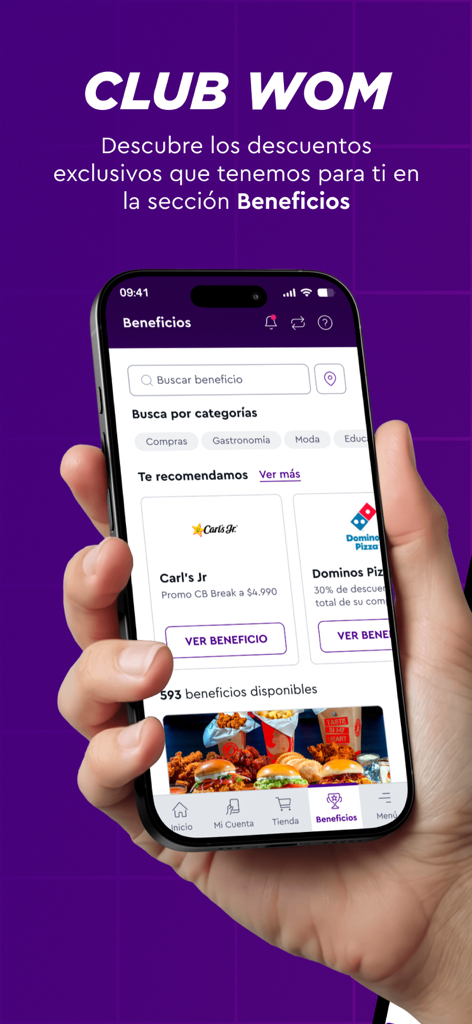 WOM (Chile) - Tela de smartphone exibindo a seção Club WOM com descontos e benefícios exclusivos para usuários