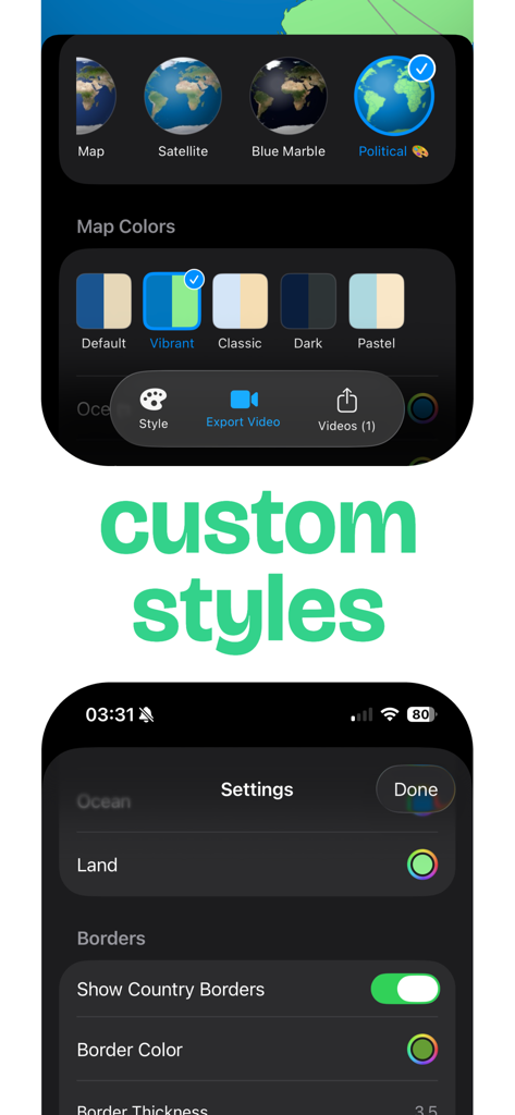 TripReel: Trip Timeline Videos - Interface de l'application TripReel montrant des styles de carte personnalisés et des paramètres visuels pour les vidéos récapitulatives de voyage