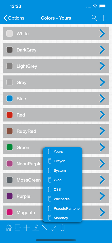 SimpleProg Database Manager - Selecting and customizing list themes with different color palettes in the SimpleProg Database Manager app.