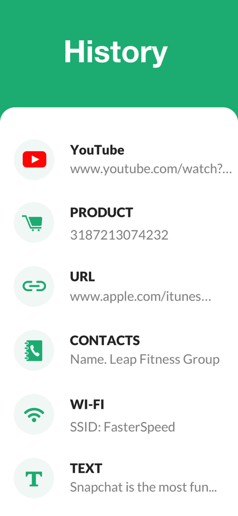 The scan history screen of the app showing a list of previously scanned items like YouTube links, product barcodes, URLs, contacts, and Wi-Fi networks.