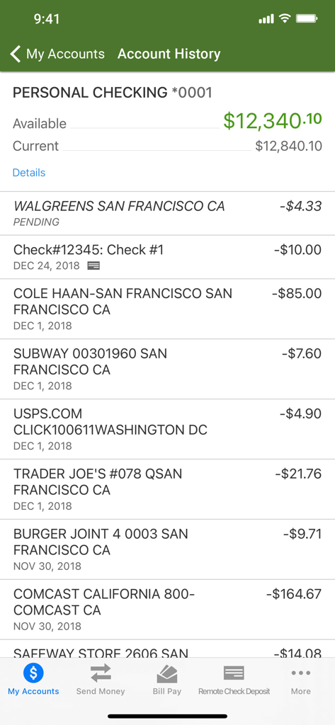 Pima FCU mobile app account history screen showing personal checking balance and transactions