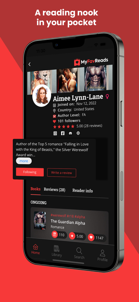 MyFavReads: Novels & Books - MyFavReads author profile screen showcasing independent romance novels and community reviews.