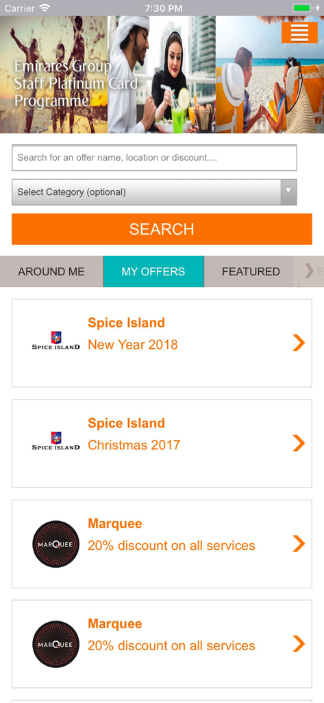 EK Platinum app interface displaying search bar and staff discount offers for Emirates employees