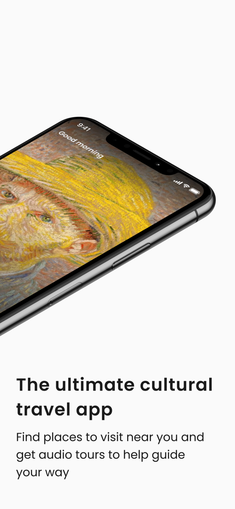 Smartphone, das die Smartify-App mit einem Gemälde und einer Bildunterschrift anzeigt, die es als ultimative kulturelle Reise-App mit Audiotouren beschreibt