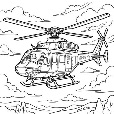 Embark on an aerial journey with this exciting helicopter coloring page, perfect for anyone fascinated by these incredible flying machines. Unleash your creativity by adding vibrant colors to its rotors, body, and the scenic landscape below.