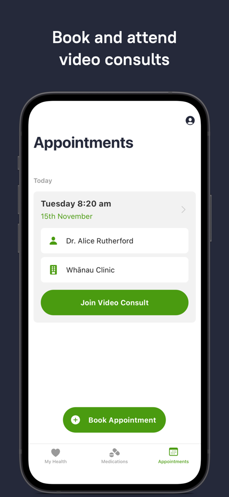 Better Health Outcomes - Better Health Outcomes app interface showing a scheduled medical video consult with a doctor