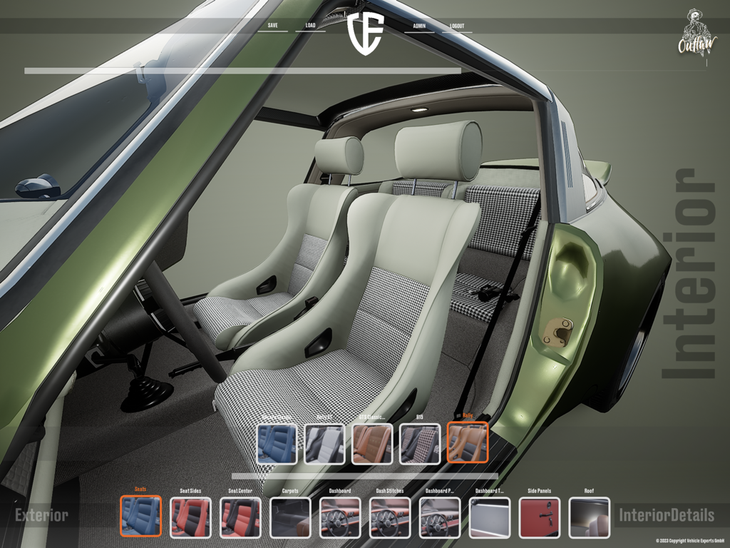 Vehicle Experts Configurator - Interface for customizing the interior and seat design of a Porsche 911 in the Vehicle Experts app