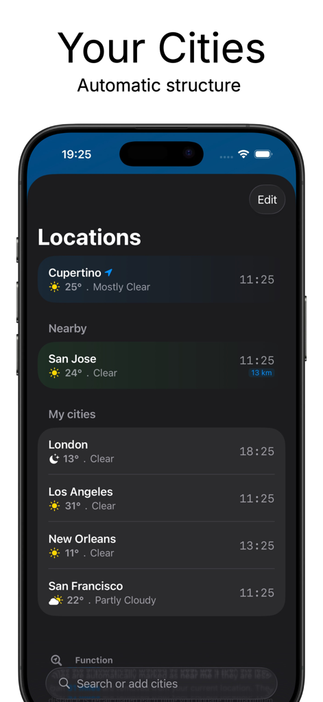 SmartWeather - SmartWeather app locations interface showing weather data for multiple global cities in a minimalist dark mode design