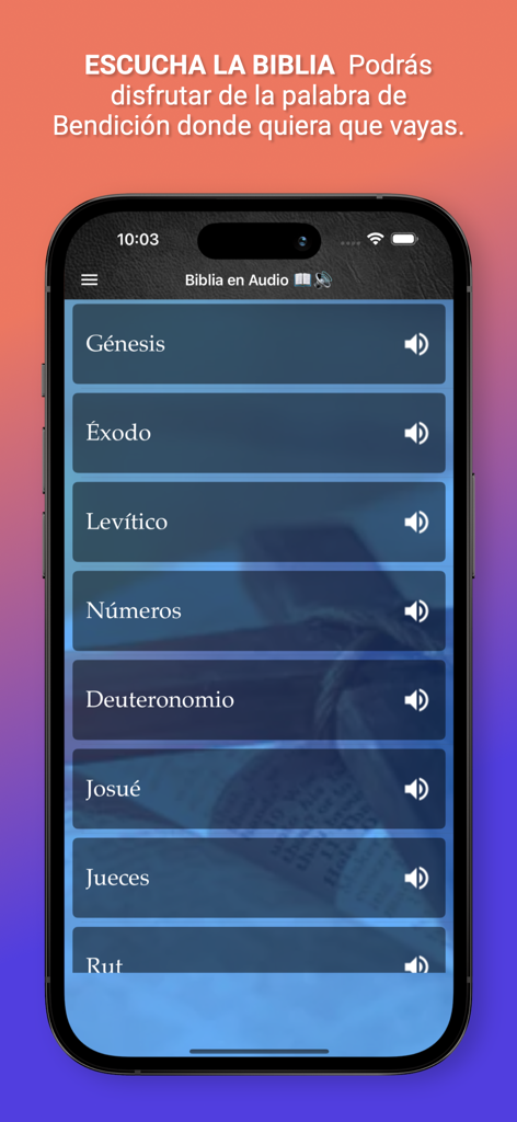 Biblia Cristiana Evangélica - Captura de pantalla de la función de Biblia en audio en la aplicación Biblia Cristiana Evangélica que muestra una lista de libros bíblicos en español con iconos de audio.