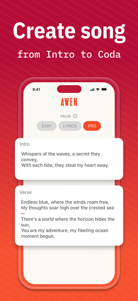 AI Music creator & Song writer - AWEN app interface showing song structure with AI-generated lyrics for intro and verse in Pro Mode.