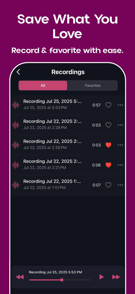Mic to Speaker: Bluetooth Mic - A screen showing a list of saved voice recordings in the Mic to Speaker app with options to favorite and play audio.