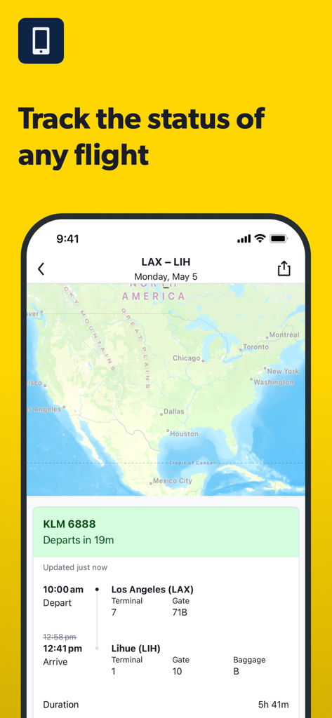 Cheapflights: Flights & Hotels - Cheapflights app interface showing a real-time flight tracker with map and departure details for a flight from Los Angeles to Lihue.