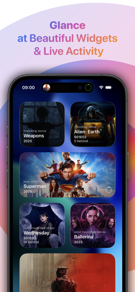 iPhone home screen displaying various Rippple for Trakt widgets showing trending and favorited movies and TV shows