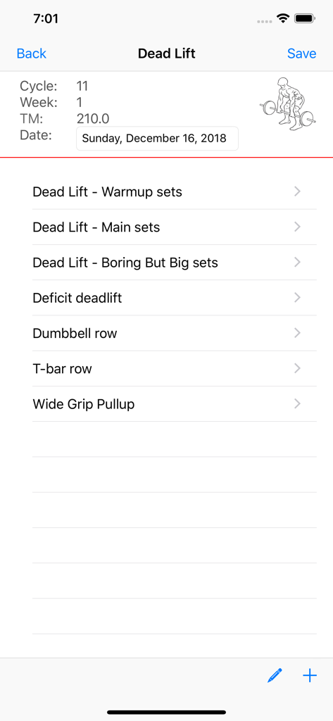 5/3/1 Workout logger - 531 - Kreuzheben-Trainingsprotokoll, das Sätze und unterstützende Übungen im 5/3/1 Workout Logger zeigt