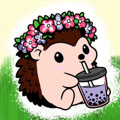 hedgehog with flower crown drinking pastel boba