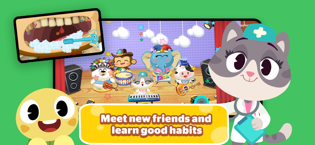 Dr. Panda Classics - Dr. Panda Classics app display featuring animal characters in a band and a tooth brushing tutorial for kids
