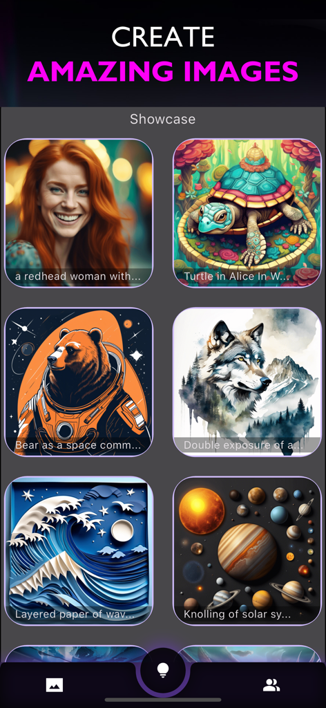 AI Image Generator + Editor - 宇宙のクマやレイヤードペーパーアートなど、多様なAI生成画像を表示するモバイルアプリショーケースギャラリー。