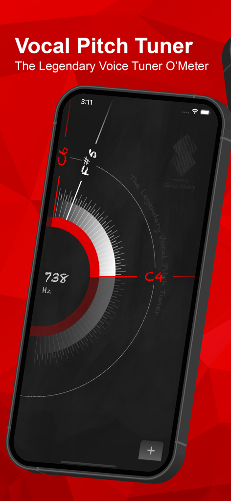 Interface do afinador de afinação vocal no aplicativo Sing Sharp mostrando frequência e notas de afinação em uma tela de smartphone