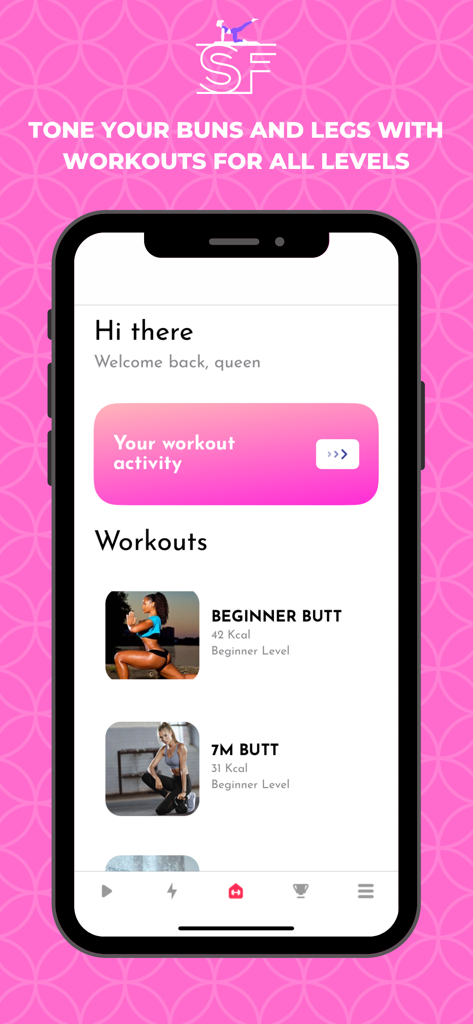 Slim Fitness - Butt Workouts - Pantalla de inicio de la aplicación móvil Slim Fitness con planes de ejercicios de glúteos para mujeres