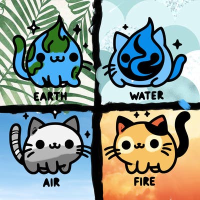 4 cats that represent the different elements, earth, water, air, and fire