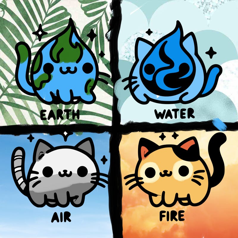 4 cats that represent the different elements, earth, water, air, and fire