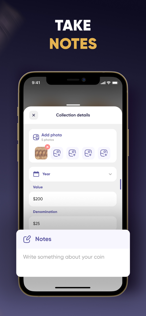 Banknote ID: Note Identifier - Die Benutzeroberfläche der Banknote ID App zeigt den Sammlungsdetailbildschirm mit einem Notizfeld für aufgezeichnete Währungen.